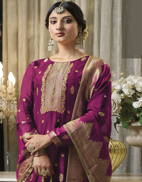 Trendy Traditional Party Wear Salwar Suit Purple Viscose Silk Pant Straight Close-up View